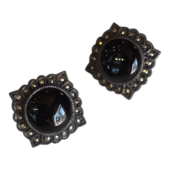 Judith Jack Black Onyx Marcasite Sterling Silver Vintage Clip Earrings